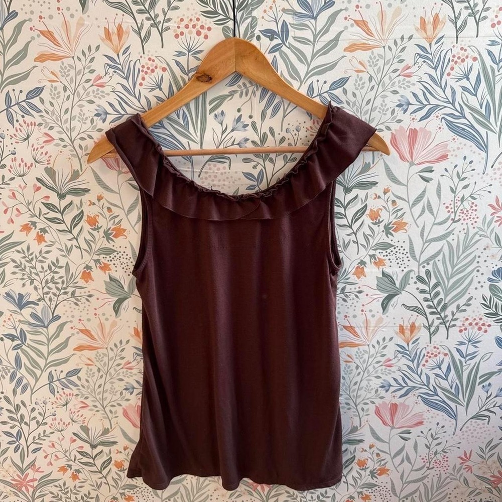 Axcess Brown Ruffle Trim Y2K Scoop Neck Tank